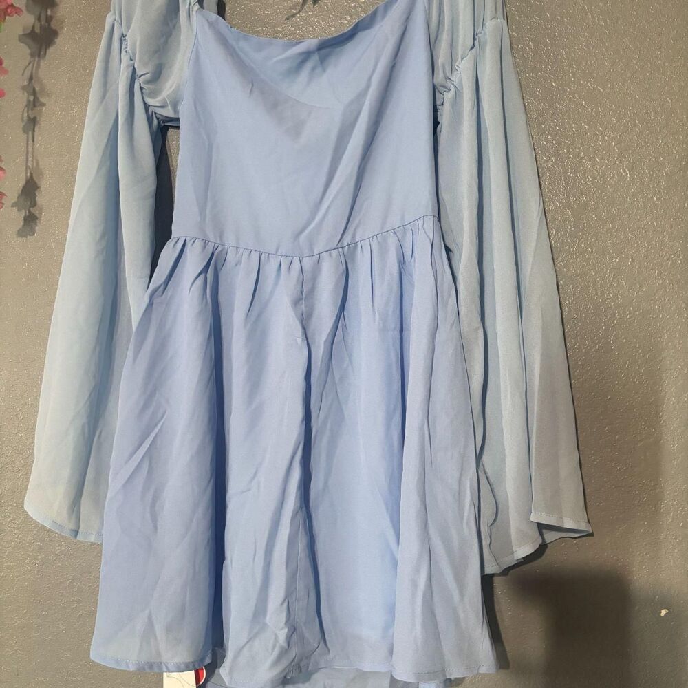 Light Blue Corset Mini Dress XS Floral Embroidered Lace Bell Sleeve Cottagecore - Picture 5 of 6